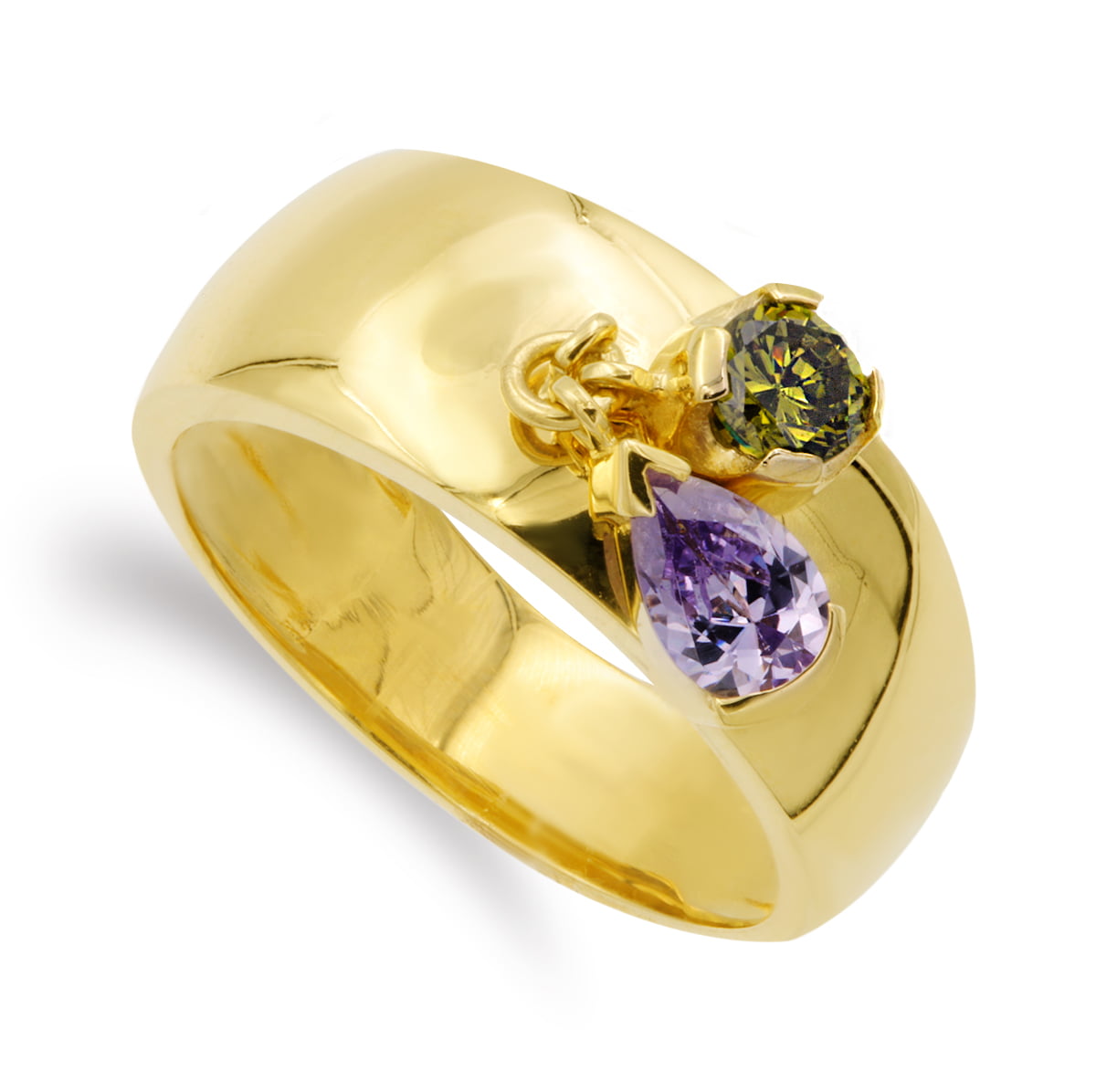 18K SORTIJA ORO AMARILLO DOS PIEDRAS COLOR AMATISTA Y OLIVINA