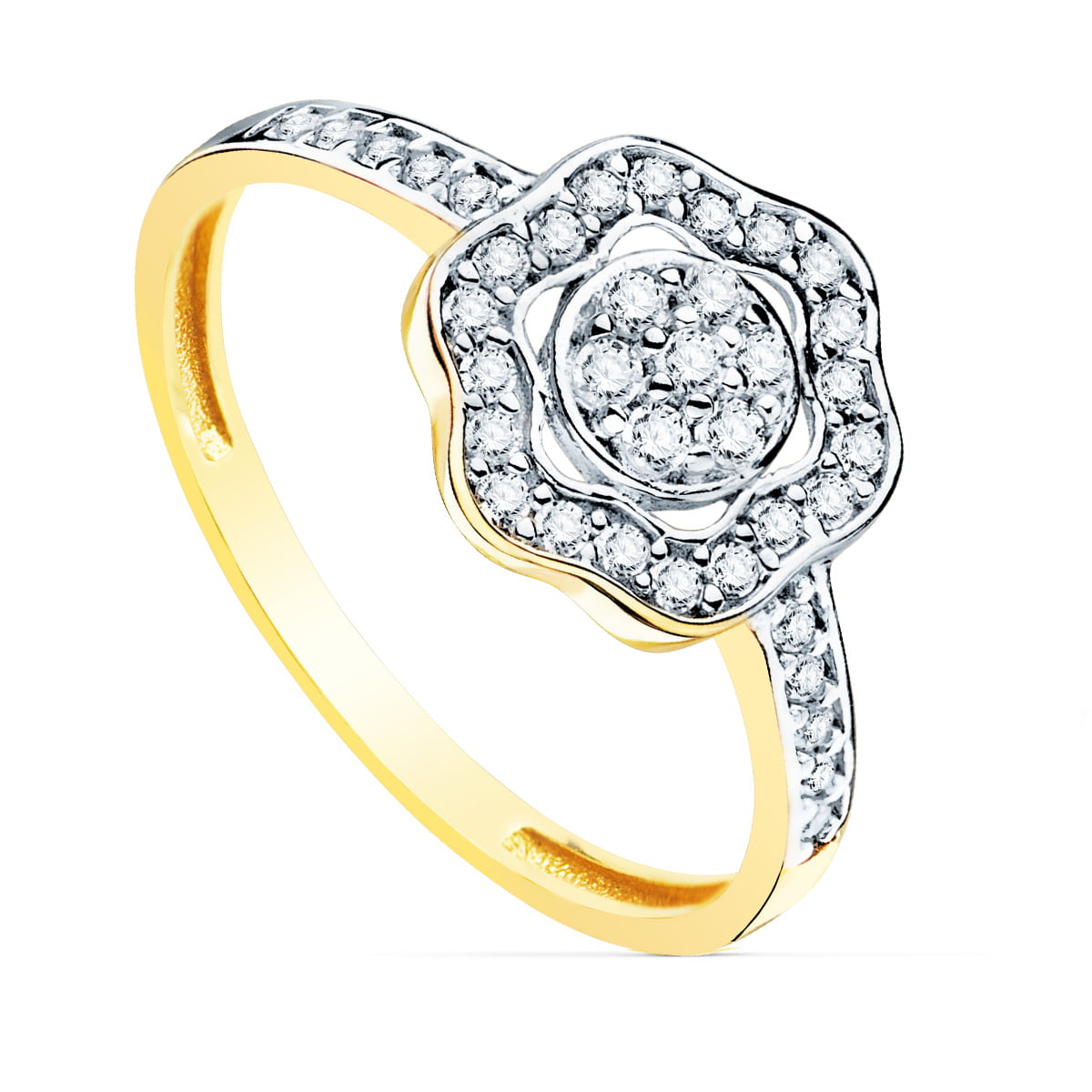 18K SORTIJA ORO BICOLOR FLOR CON CIRCONITAS 11 MM ANCHO CUERPO 2 MM