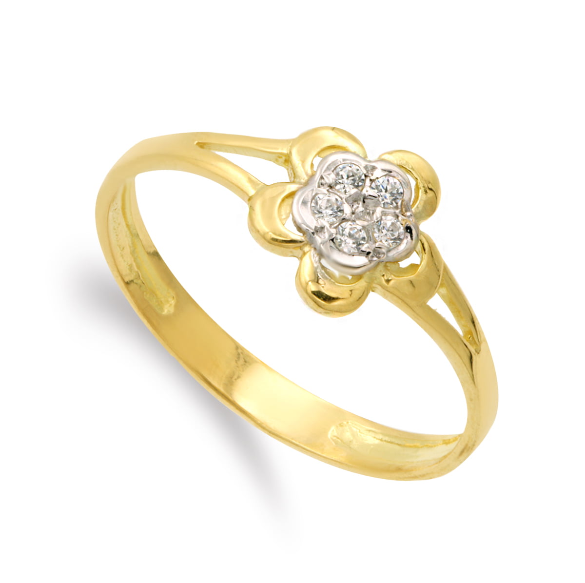 18K SORTIJA ORO BICOLOR CON FLOR Y CIRCONITAS 7 MM CUERPO 2 MM