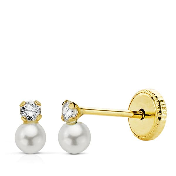 18K PENDIENTES ORO AMARILLO PERLAS CON CIRCONITA 5X3 MM. CIERRE TUERCA