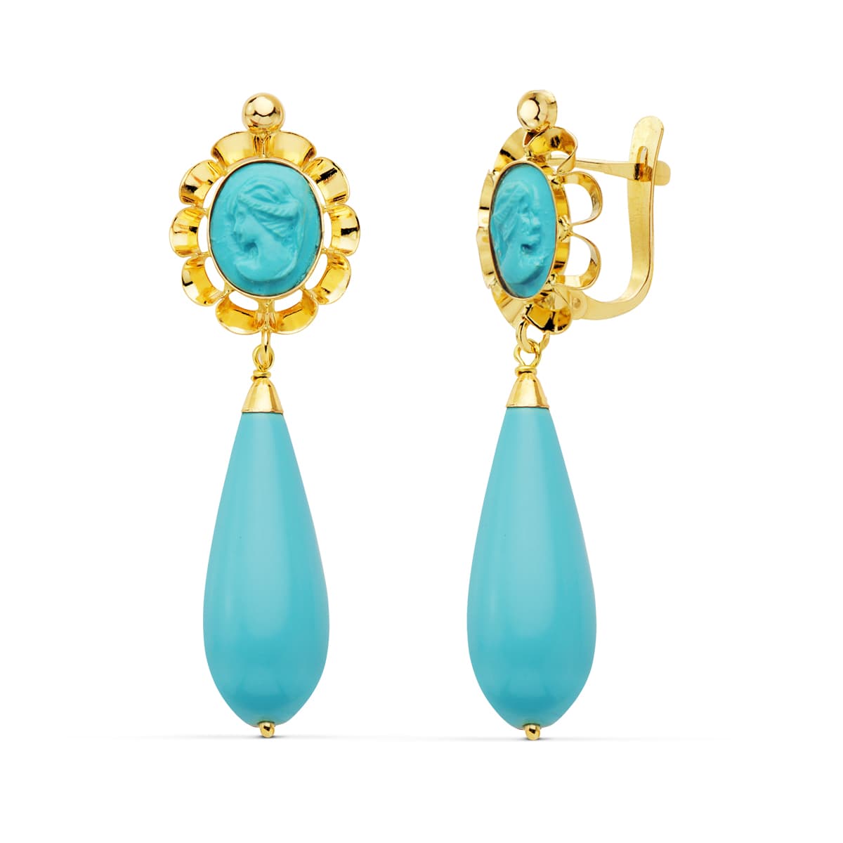 18K PENDIENTES ORO AMARILLO  TURQUESA CAMAFEO 47X14 MM CEIRRE CATALÁN