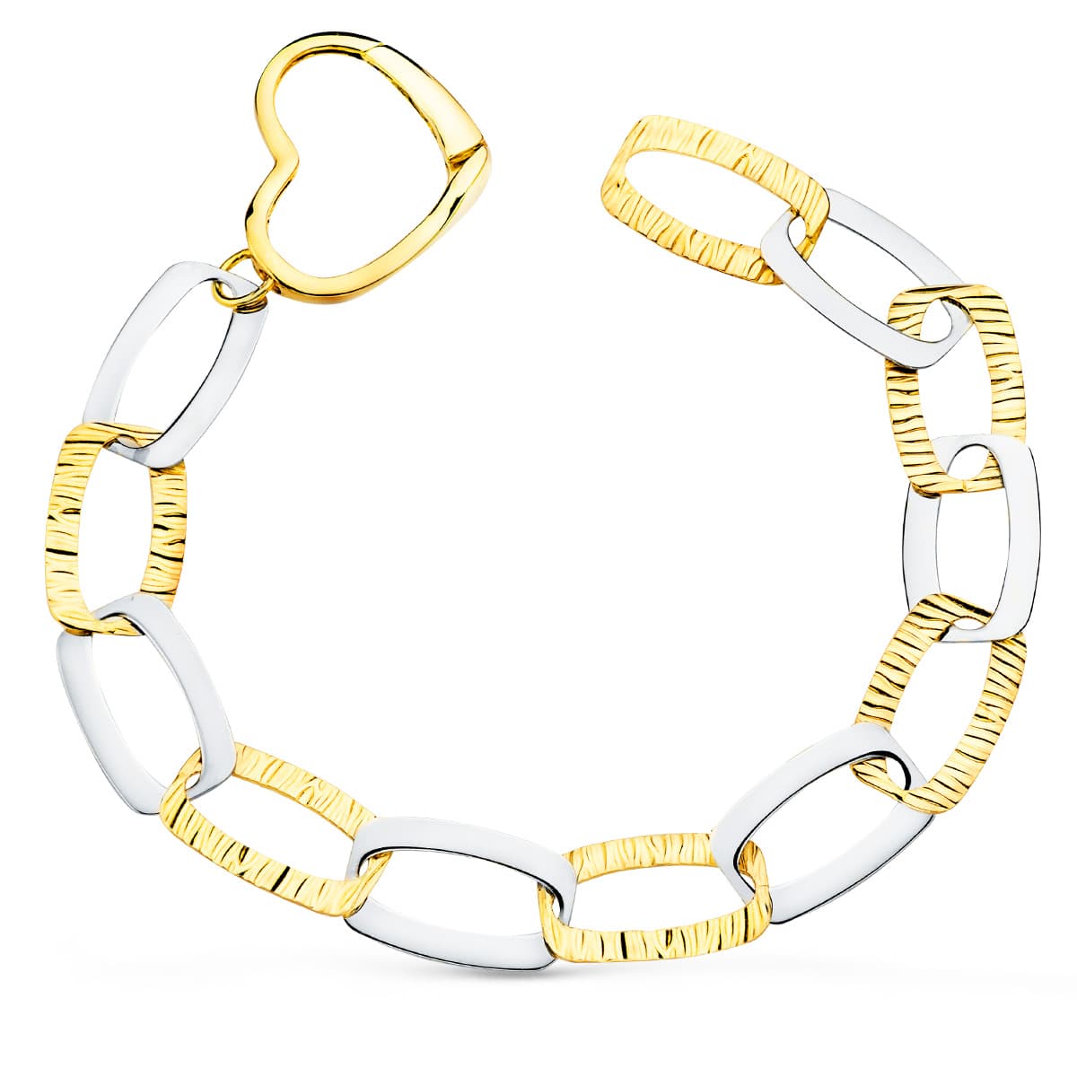 18K PULSERA ORO BICOLOR ESLABONES Y CIERRE CORAZON ANCHO 20 MM LARGO 22 CM