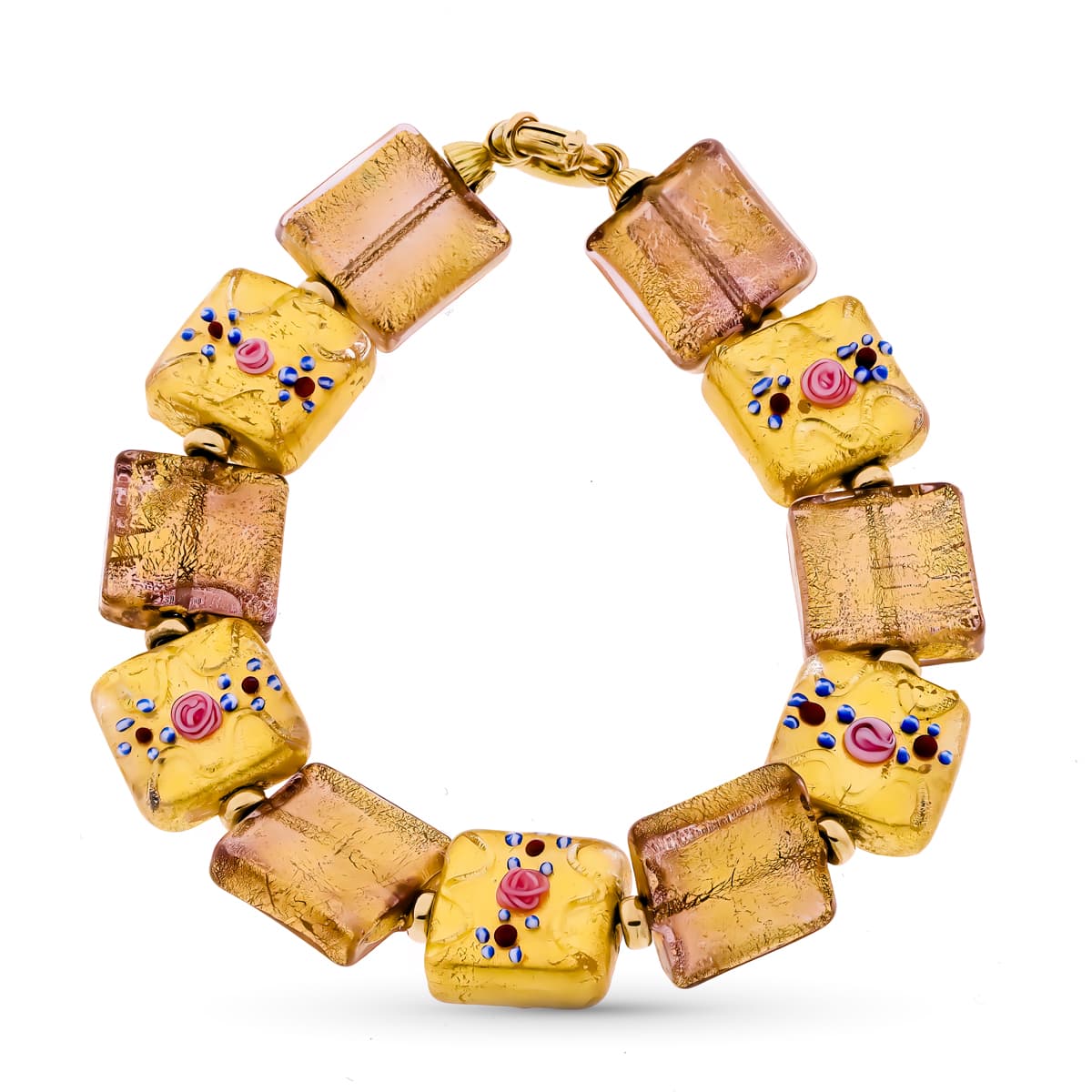18K PULSERA ORO AMARILLO Y MURANO FLORES PORCELANA 19 CM