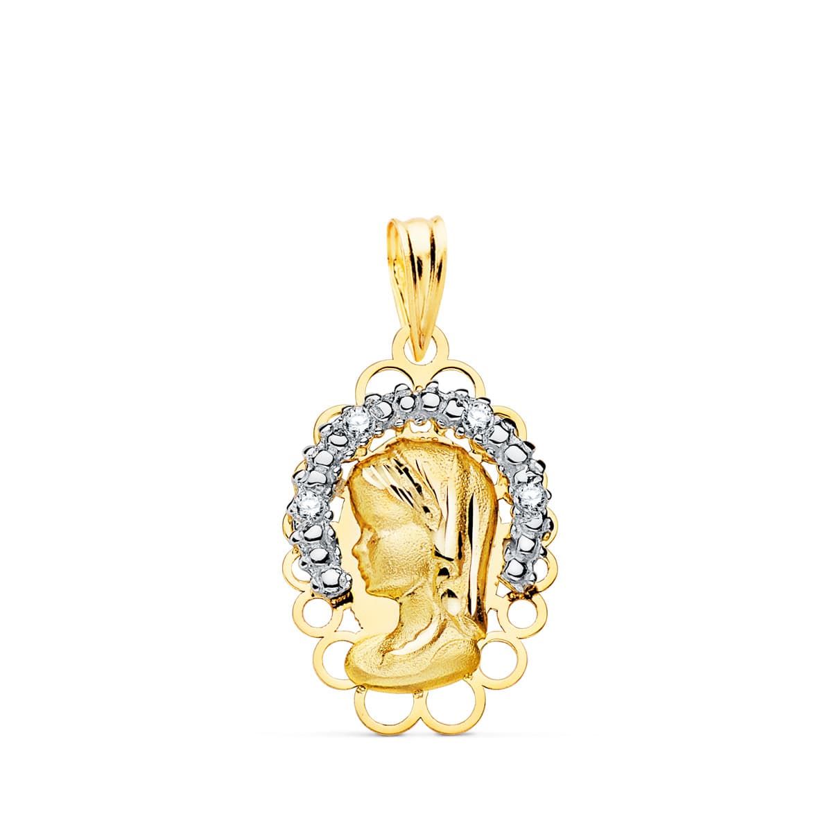 18K MEDALLA ORO BICOLOR VIRGEN NIÑA CORONA CON CIRCONITAS 21X14 MM