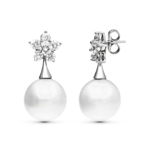 18K PENDIENTES ORO BLANCO FLOR CIRCONITA PERLA 14 MM CIERRE PRESION