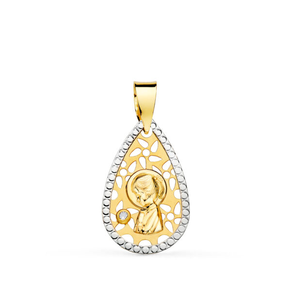 18K MEDALLA ORO AMARILLO ORO BICOLOR VIRGEN NIÑA CALADA BORDES TALLADOS 19X12 MM