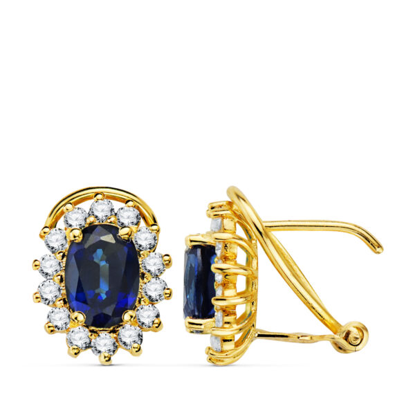 18K PENDIENTES ORO AMARILLO ZAFIRO 7X5 MM 1,96QT Y DIAMANTES 0.580QT VS2-G. 11,5X9,5 MM CIERRE OMEGA