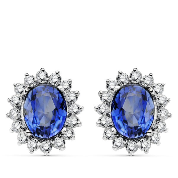 18K PENDIENTES ORO BLANCO ZAFIRO 9X7 MM 4,94 QTS. VS2-G 1,12 QTS.CIERRE OMEGA 14X12,5 MM