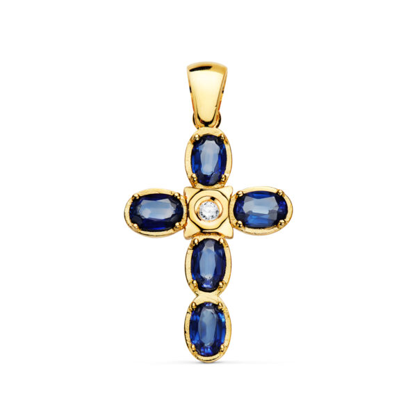 18K CRUZ ORO AMARILLO DIAMANTE 0.045 QTS. VS2 G ZAFIROS DIFUSION 6X4 MM 3.10 QTS. VS2-G 28X19 MM