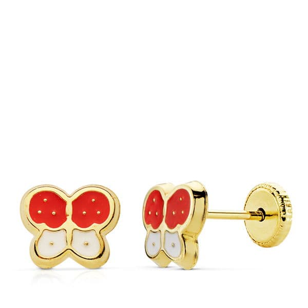 18K PENDIENTES MARIPOSAS ESMALTE ROJO Y BLANCO CIERRE TUERCA