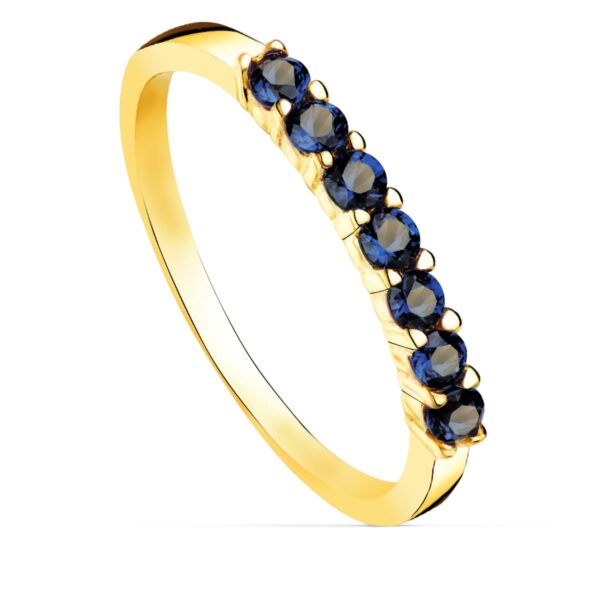 18K SORTIJA ORO AMARILLO 7 CIRCONITA AZULES GARRAS ANCHO CUERPO 2 MM