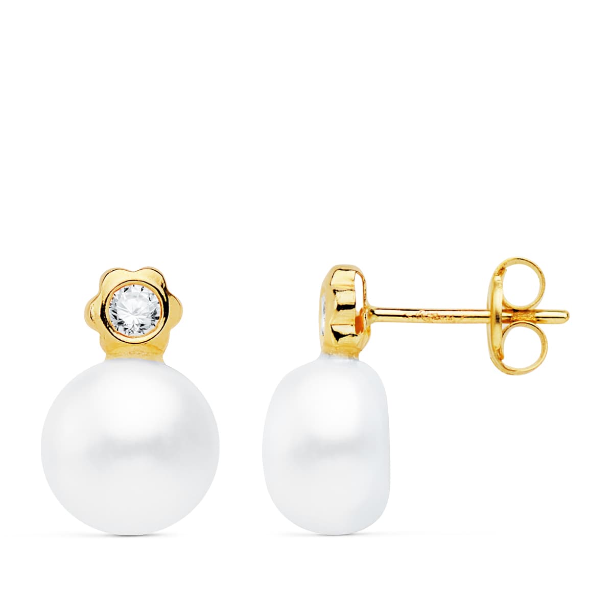 18K PENDIENTES ORO AMARILLO PERLA Y FLOR 12X8 MM CIERRE PRESION