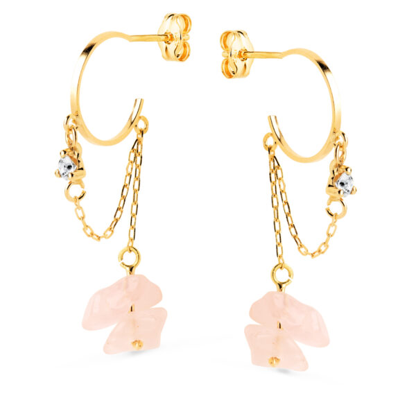 18K PENDIENTES ORO AMARILLO MEDIO ARO 11MM CON CADENA Y CUARZO ROSA 33MM. CIERRE PRESION