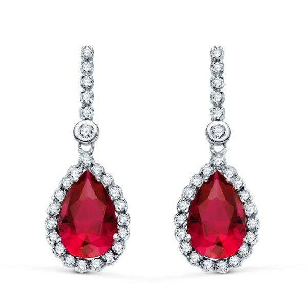 18K PENDIENTES ORO BLANCO DOS CUERPOS CON PIEDRA ROJA 12 X 8MM. 33X12MM CIERRE PRESION