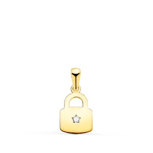 18K COLGANTE ORO AMARILLO CANDADO EN BRILLO CON CIRCONITA 14 X 9 MM