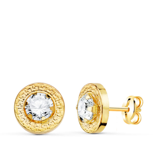 18K PENDIENTES ORO AMARILLO CERCO GRECA Y CIRCONITA GARRAS 5MM. 9 MM CIERRE PRESION