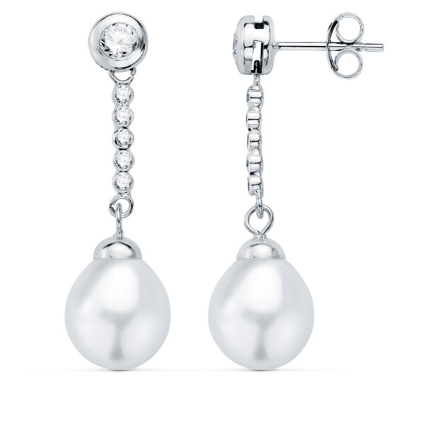 18K PENDIENTES ORO BLANCO PERLA Y CHATON CON CIRCONITA 30X8MM PRESION