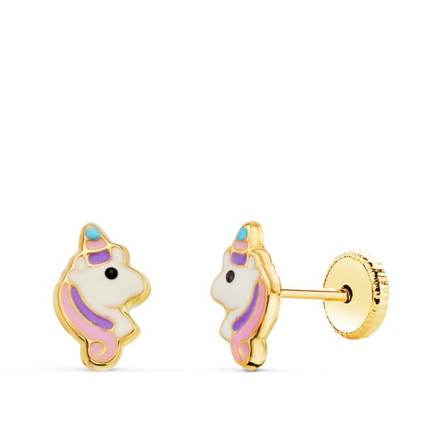 18K PENDIENTES ORO AMARILLO UNICORNIOS ESMALTADOS CIERRE TUERCA 8 X 5 MM