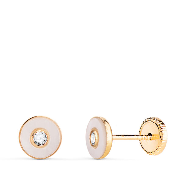 18K PENDIENTES ORO AMARILLO REDONDOS NACAR CON CIRCONITA. MEDIDA: 5,5MM. CIERRE TUERCA