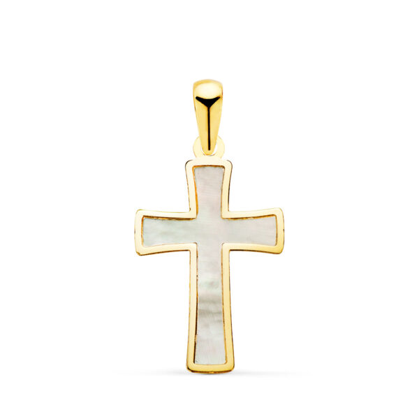 18K CRUZ ORO AMARILLO CON NACAR Y BORDE EN BRILLO. MEDIDA: 20 X 12 MM