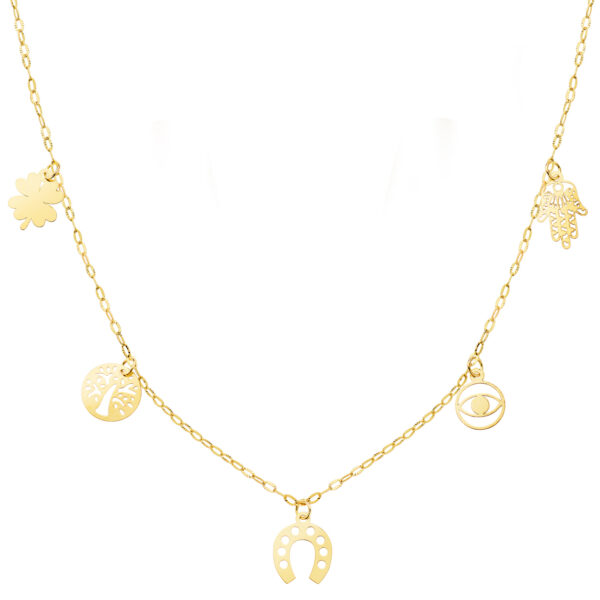 18K GARGANTILLA ORO AMARILLO CON COLGANTES DE LA SUERTE CADENA FORZADA 42   3 CM