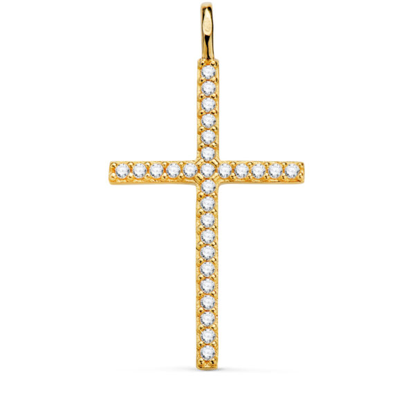 18K CRUZ ORO AMARILLO CON CIRCONITA BLANCAS 37 X 19 MM. ANILLA FIJA