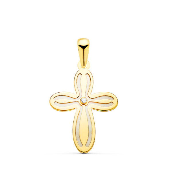 18K CRUZ ORO AMARILLO CON NACAR Y CIRCONITA 20 X 14 MM