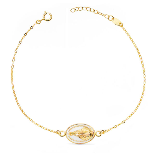 18K PULSERA ORO AMARILLO VIRGEN MILAGROSA ESMALTE BLANCO 13X10 MM. CADENA TALLADA: LARGO: 17-3 CM