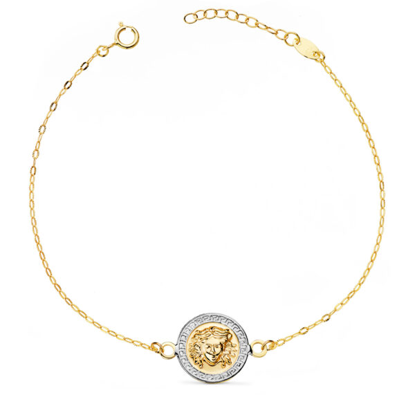 18K PULSERA ORO BICOLOR MEDUSA BRILLO 12MM CADENA TALLADA. LARGO: 18-3 CM