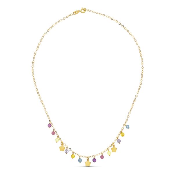 18K GARGANTILLA ORO AMARILLO FLORES Y PIEDRAS COLORES