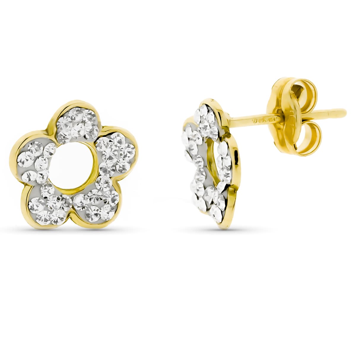 9K PENDIENTES ORO AMARILLO FLOR PIEDRAS 9X9MM CIERRE PRESION