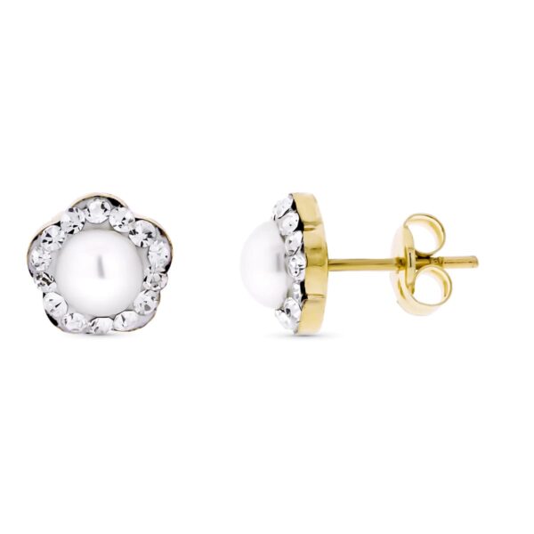 9K PENDIENTES ORO AMARILLO FLOR CON CIRCONITAS Y PERLA 5 MM. MEDIDA: 7X7 MM. CIERRE PRESION
