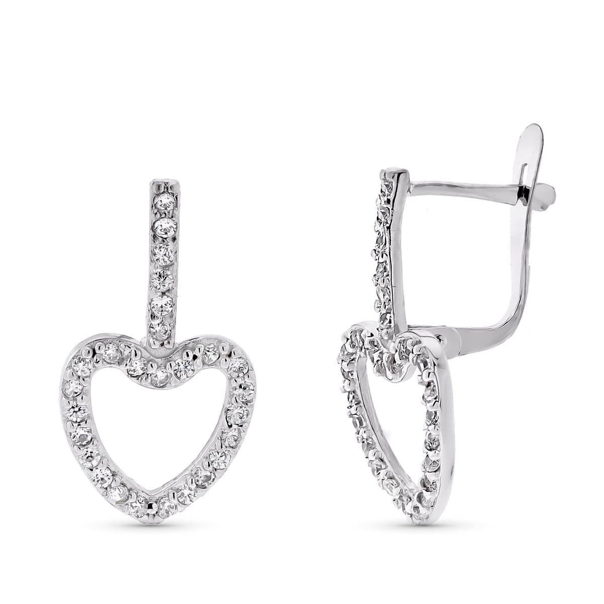 9K PENDIENTES ORO BLANCO DOS CUERPOS CORAZON CIRCONITA 20X10 MM CIERRE CATALAN